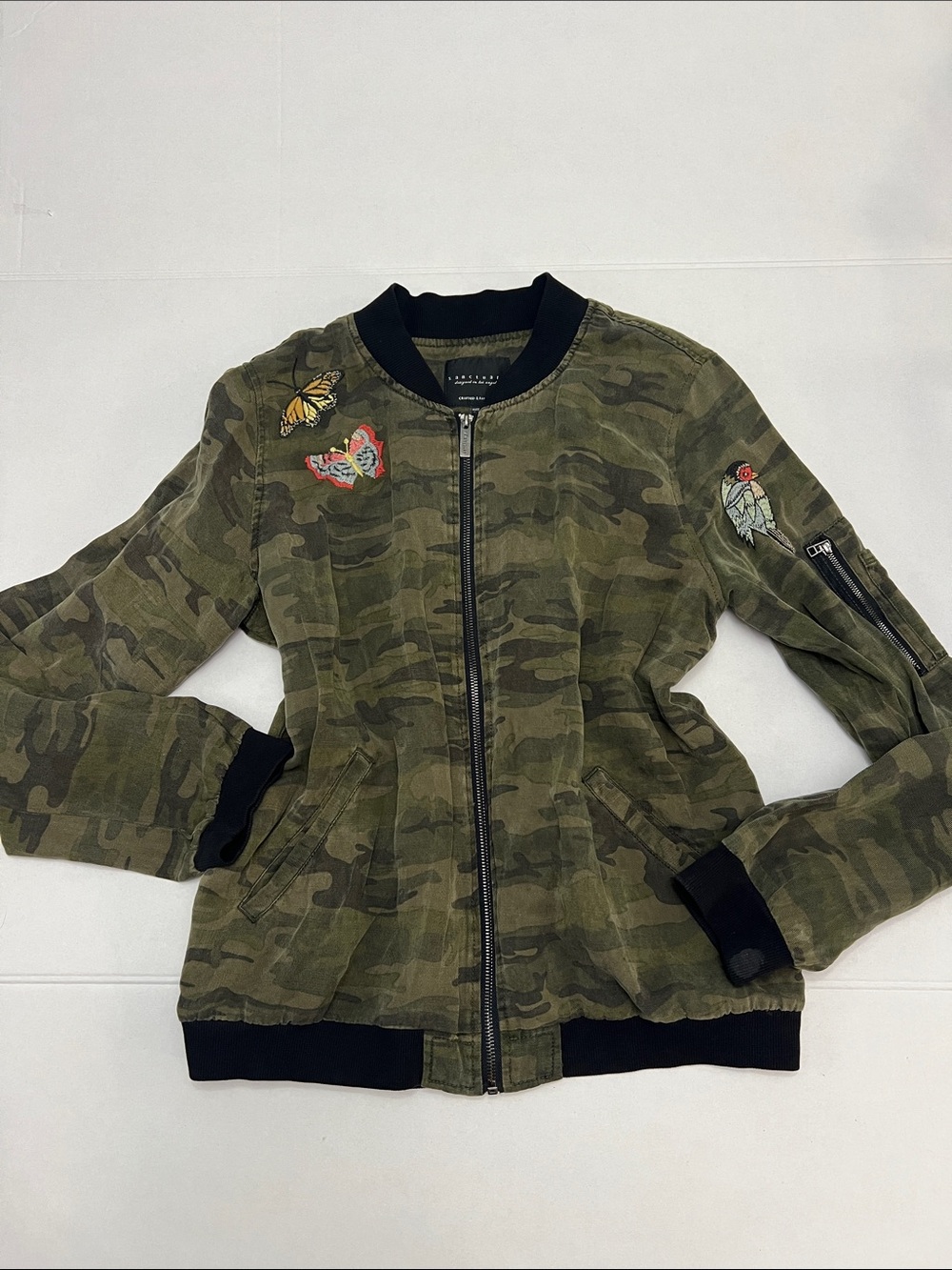Sanctuary Camo Bomber Jacket from Anthropologie with butterfly patches Large